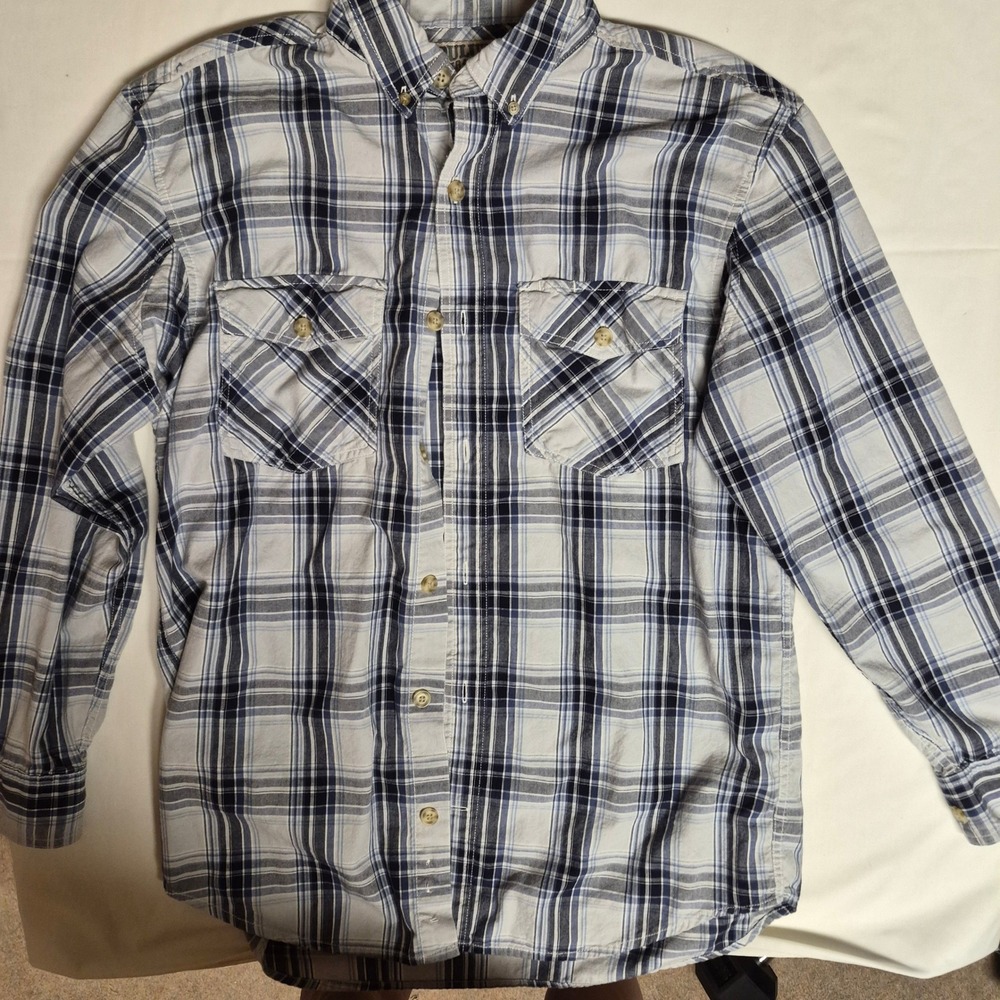 Duluth Trading Co Mens Large Plaid Button Down Work Shirt Blue White‎ Cotton L